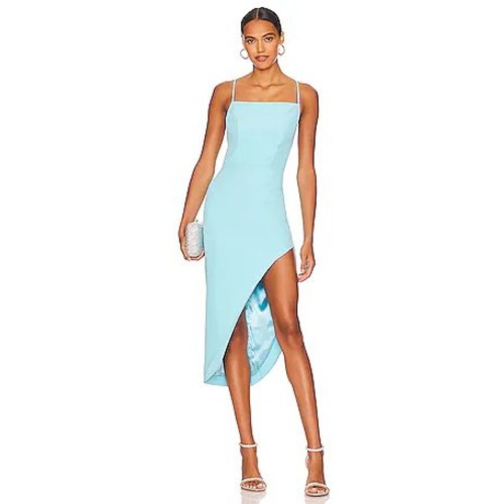 Bardot Anya Aqua Blue Midi‎ Dress Asymmetrical Open Back Slit Size 4 Cocktail